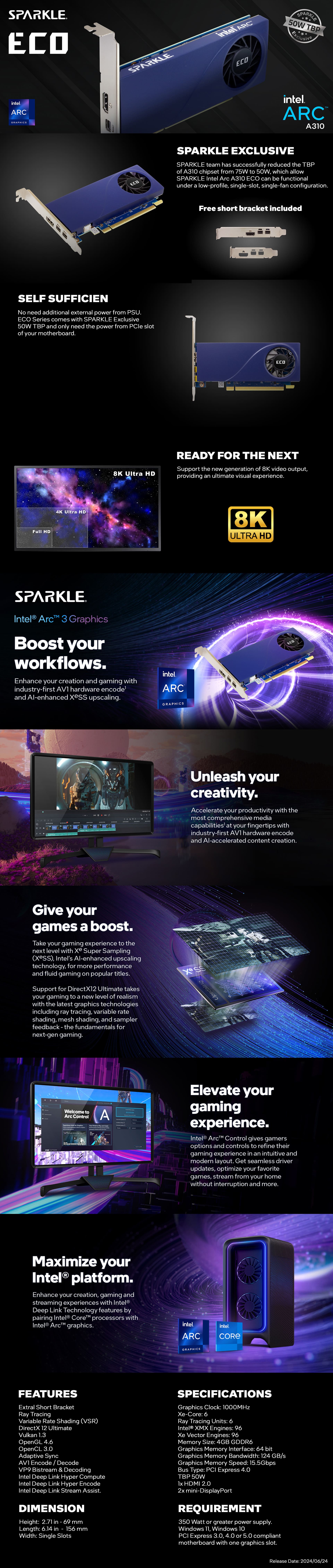 Sparkle Intel Arc A310 ECO 4GB GDDR6, Compatible con Perfil Bajo